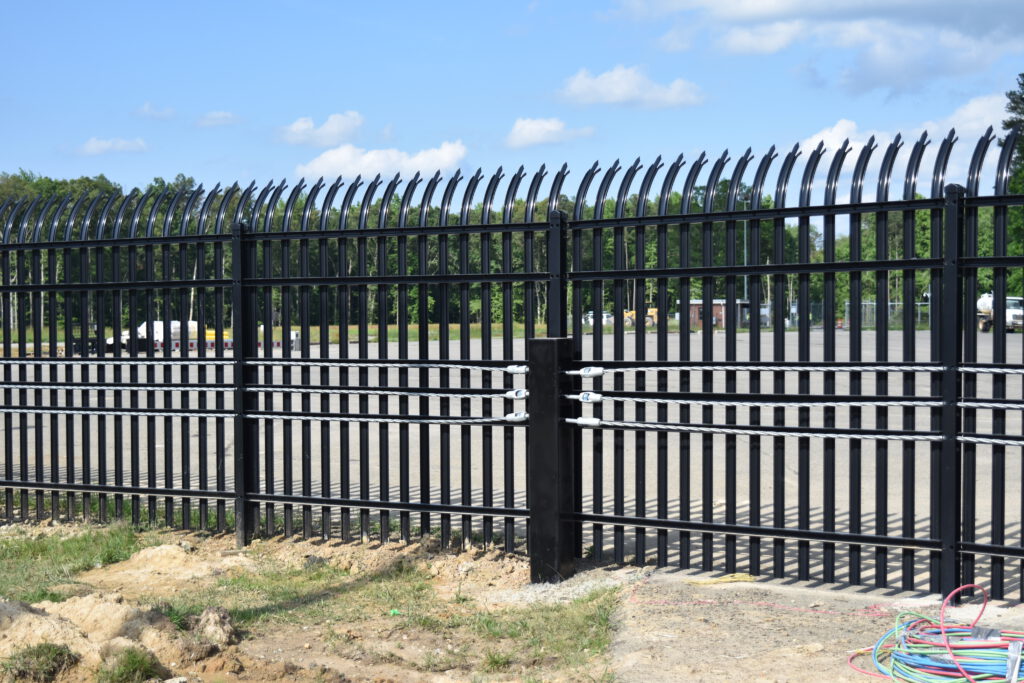 High-security steel fence with anti-climb top designed for perimeter protection and restricted access areas.