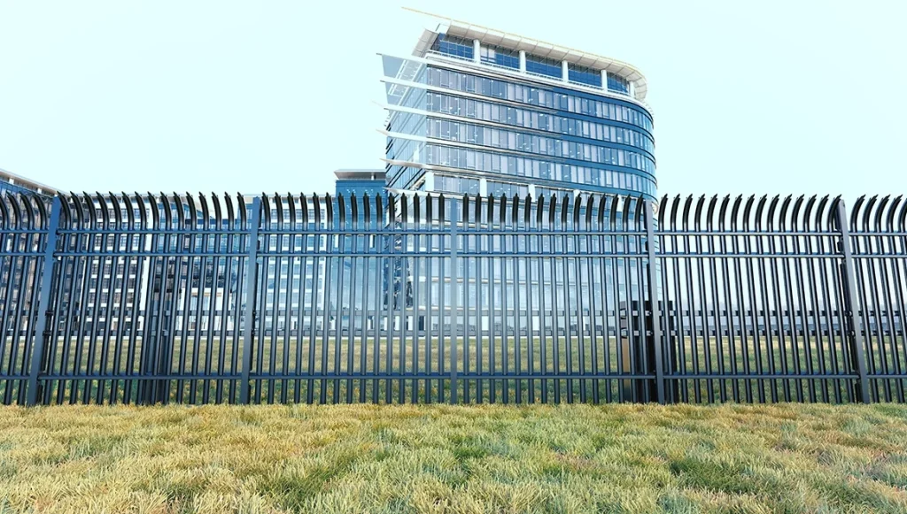Peacekeeper cable anti-ram vehicle barrier protecting commercial building perimeter